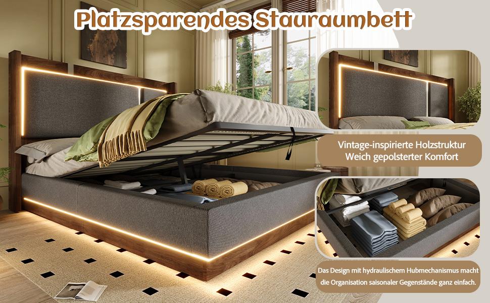 160x200 Double Bed Upholstered Bed with Slatted Frame, LED & Bed Drawer, Hydraulic, Linen Grey & Walnut, without Mattress