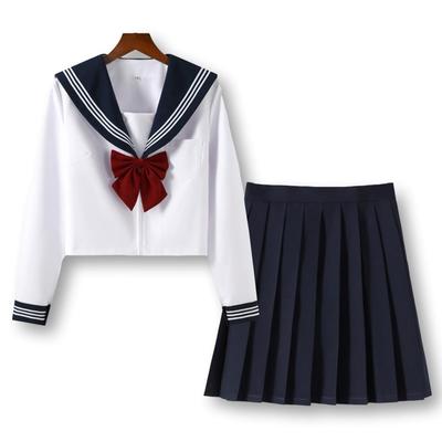 TUISKU Sailor Uniform Cosplay Set for High School Long Pleated Solid Color with Plus Sizes White Girls, Sleeves, Skirt, Ribbon, 3-Piece Set, 3L, 4L,