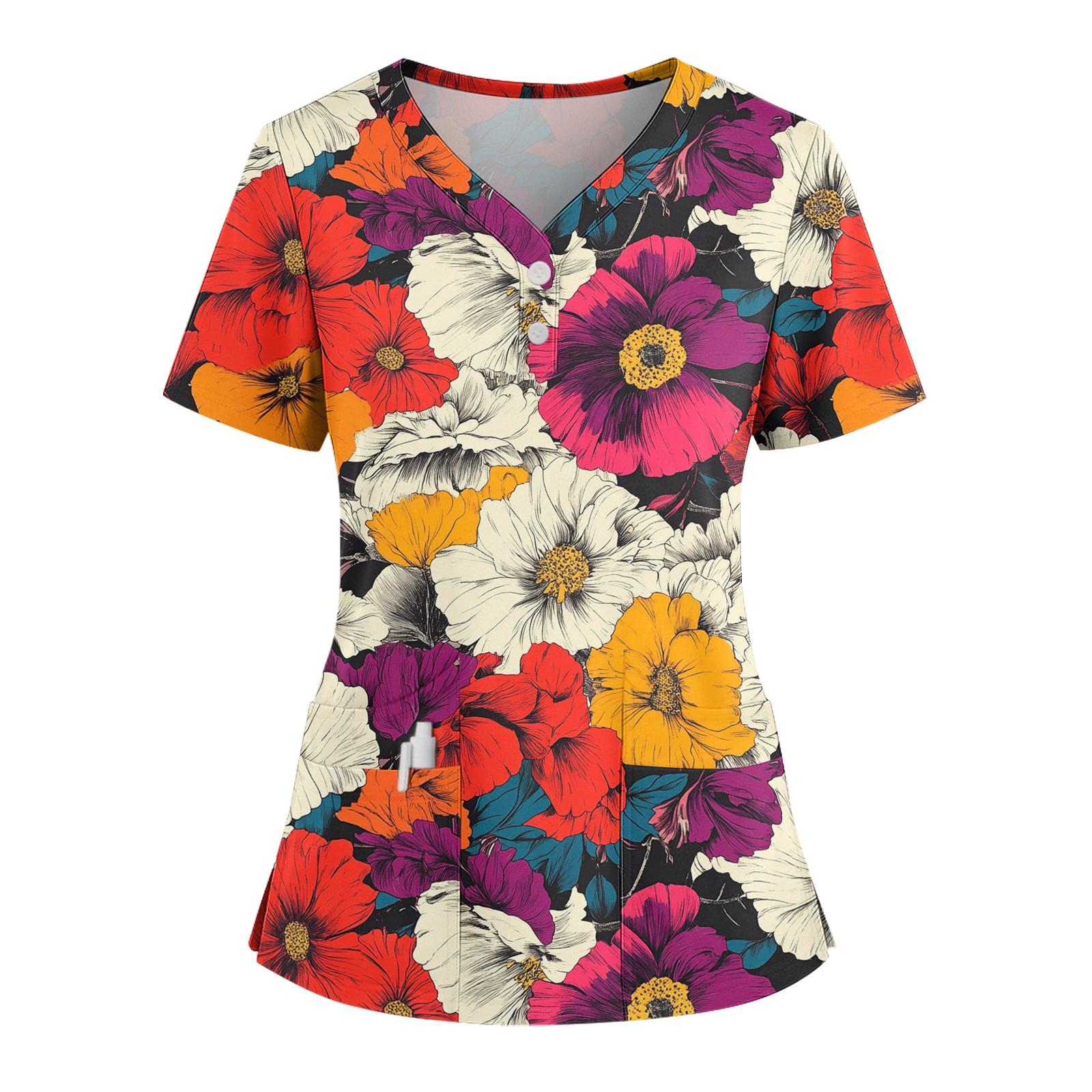 

Women s Loose Short Sleeved Fashionable Flowers And Plants Printing V-neck Buttonable Side Slit Top T-shirt L червоний