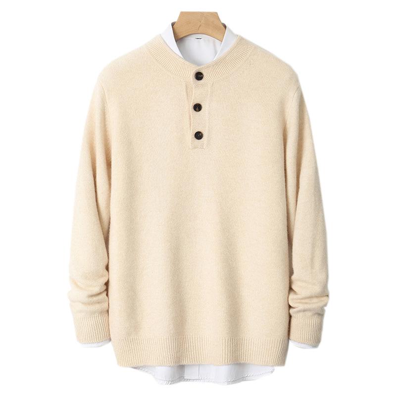 Men's High-End Business Casual 100% Pure Wool Thickened Round Neck Sweater with Buttons - Autumn/Winter Knitwear