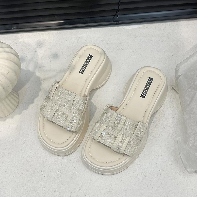 Muffin Platform Sandals Women Wear 2025 Summer New High-end French Sequins Versatile Internet Celebrity Word Sandals