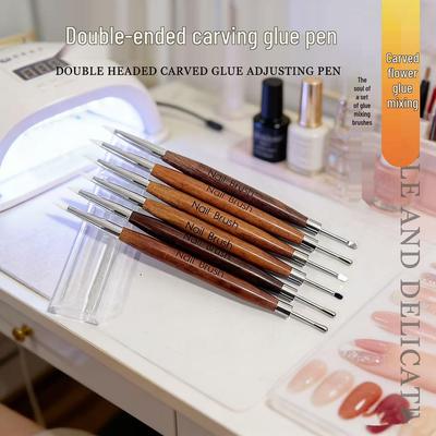 Dual-Ended Silicone Nail Art Pen with Carved Sandalwood Handle