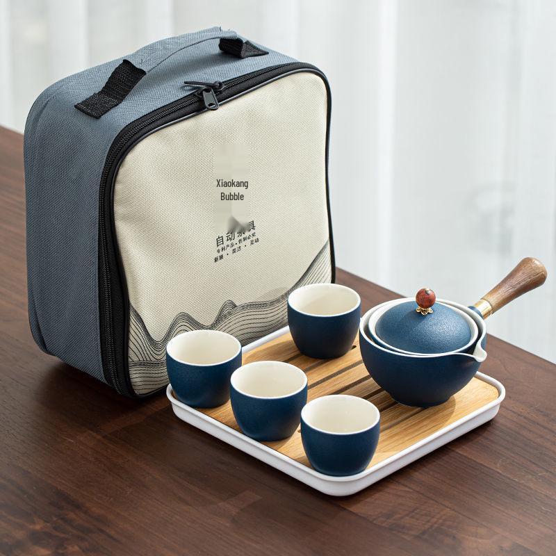 Compact Travel Tea Set with Automatic Rotating Teapot and Side Handle Kung Fu Cups