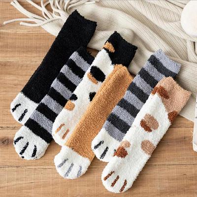 2 Paar/Los Neue Katzenkralle Korallenfleece Socken Cartoon Katze Wochenbett Warm Damen Schlafsocken