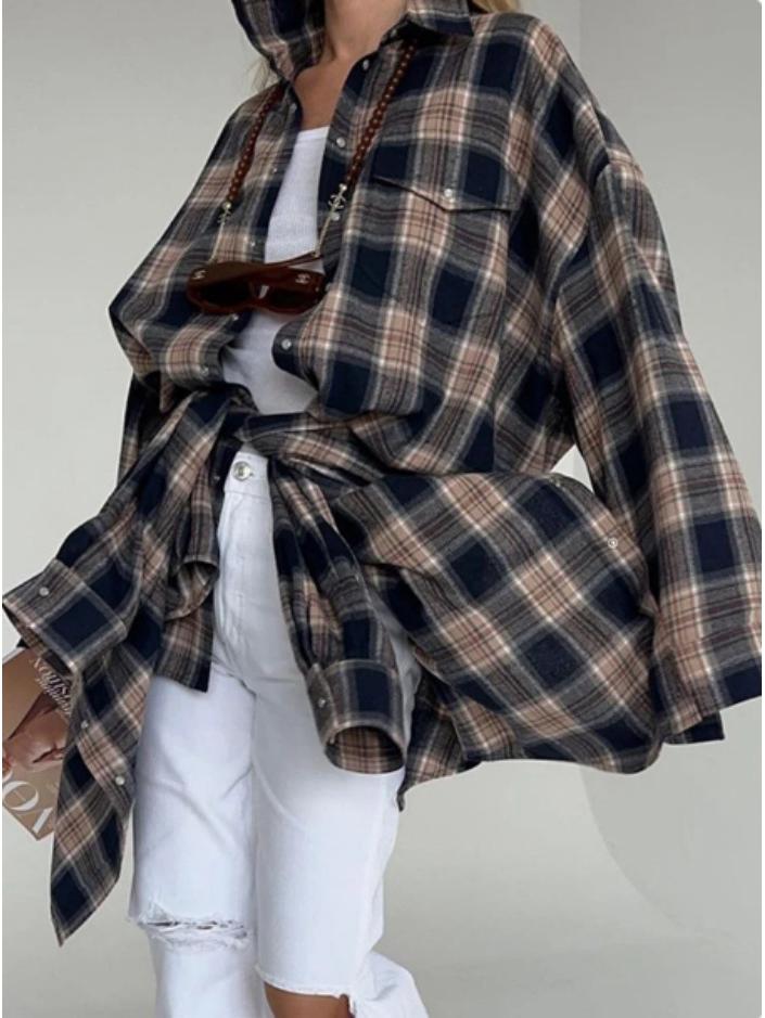 Retro Plaid Long Sleeve Loose Shirt with Turn-Down Collar for Women, 2025 Spring/Autumn