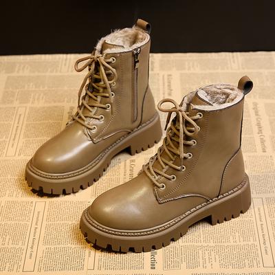 Lace Up British Style Martin Boots for Women In Winter with Plush Thick Sole and Thick Heel Motorcycle Boots