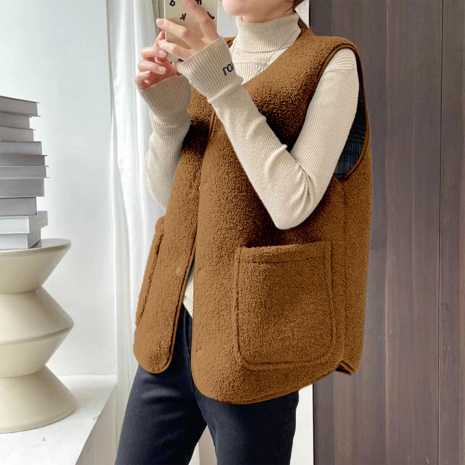 

Жіночий і зимовий жилет із імітацією вовни ягняти, жилет із круглим вирізом, односторонній флісовий жилет XL червоний