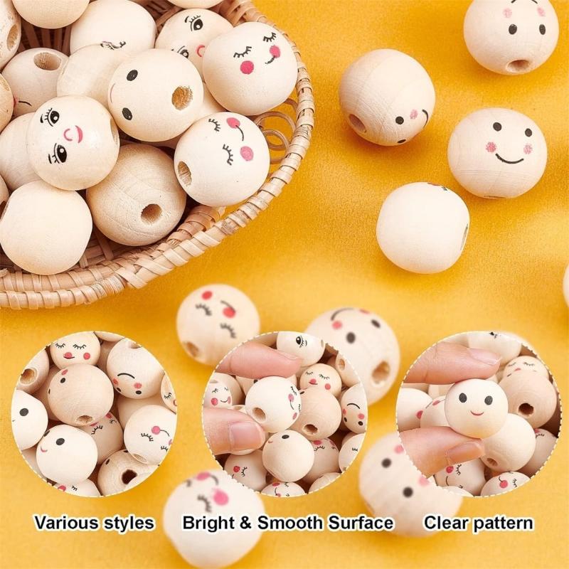 60Pcs Wooden Craft Bead Smiling Face Bead 20mm Wooden Bead for Jewelry Making Gift Bag Drawstring Keychain DIY Crafts