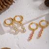 Xia Ling High-End White & Pink Zircon Pendant Earrings - Elegant European American Design, Non-Fading Titanium Steel