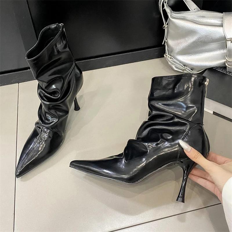 Autumn Winter Pointed Toe Women Ankle Boots Design Pleated Thin Heels Shoes Fashion Booties De Mujer