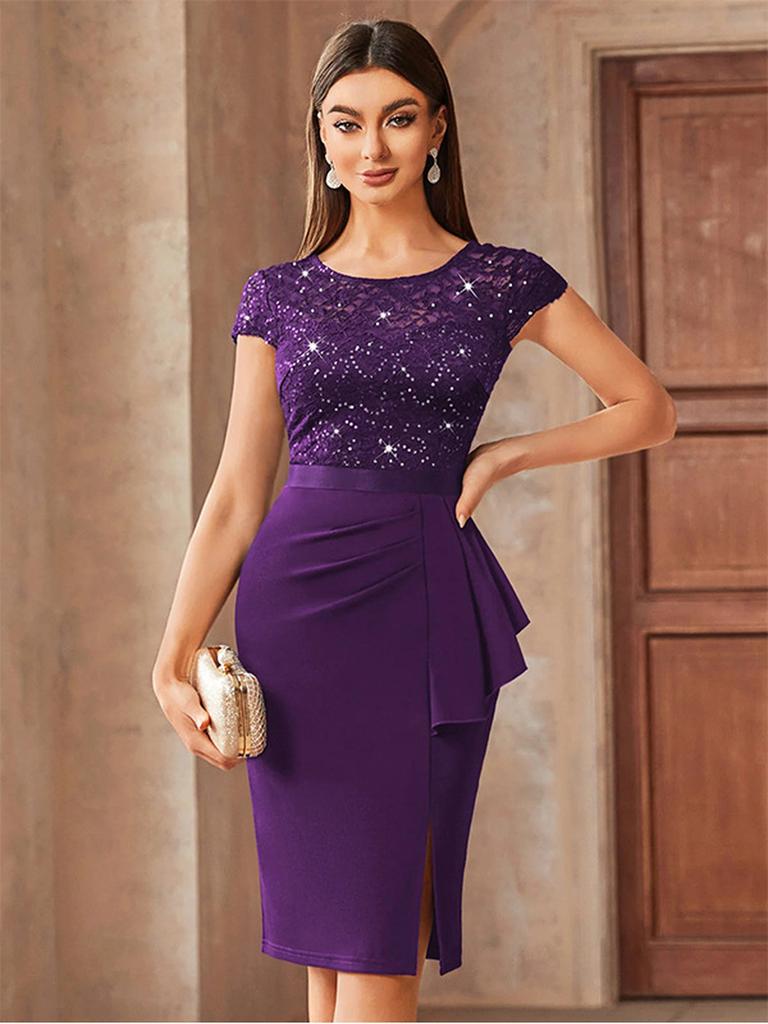New Elegant High-Waisted Lace Bodycon Dress with Slit for Women
