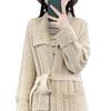 Women's Wool Knit Lapel Coat with Pockets - Autumn/Winter Mid-Length Belted Cardigan