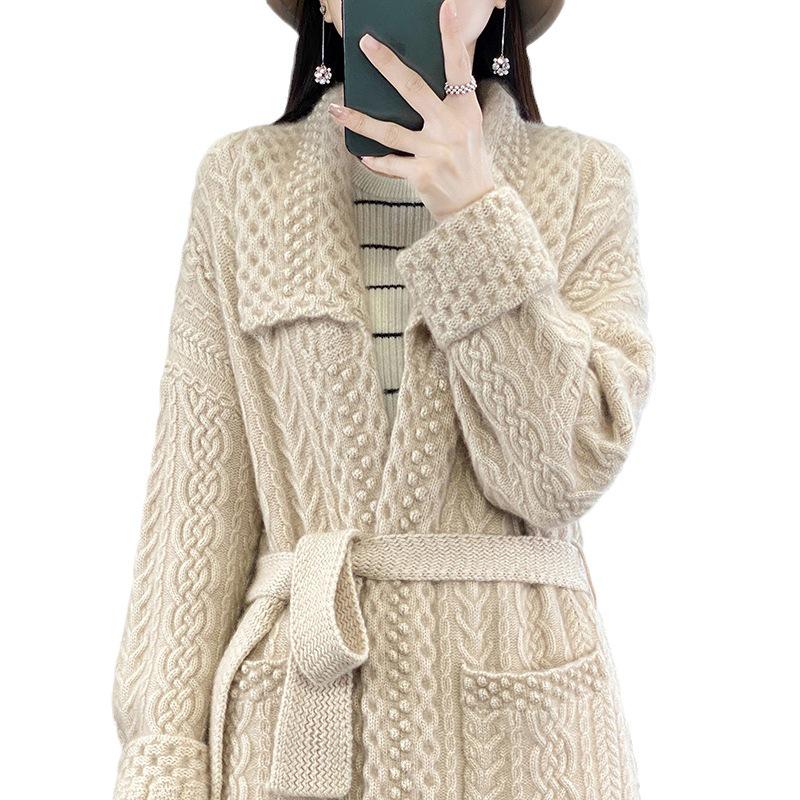 Women's Wool Knit Lapel Coat with Pockets - Autumn/Winter Mid-Length Belted Cardigan