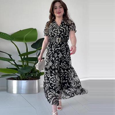 2024 Summer V-Neck Chiffon Dress - European & American Fashion with Vacation Print