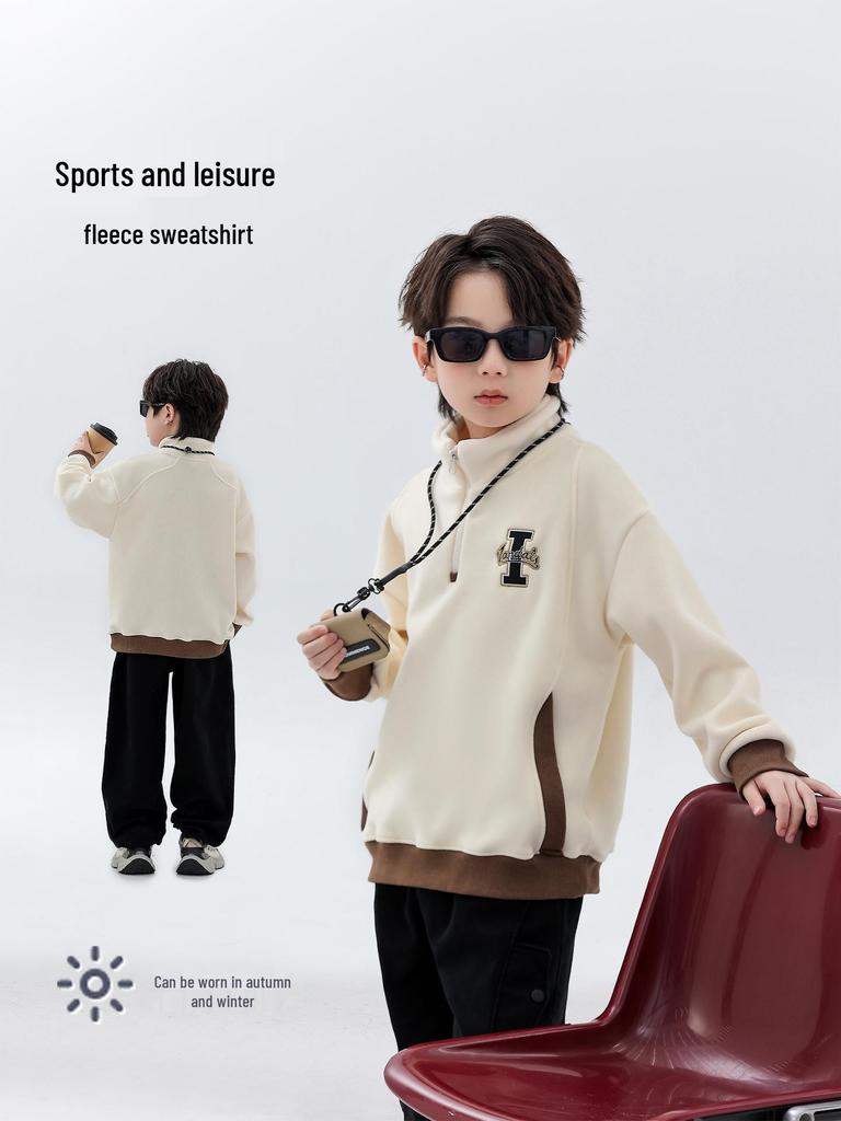 Boys' Reversible Fleece Hoodie - 2025 Autumn/Winter Collection, Thickened Half-Zip Pullover, Long-Sleeve Fashion Top for Medium/Large Kids.