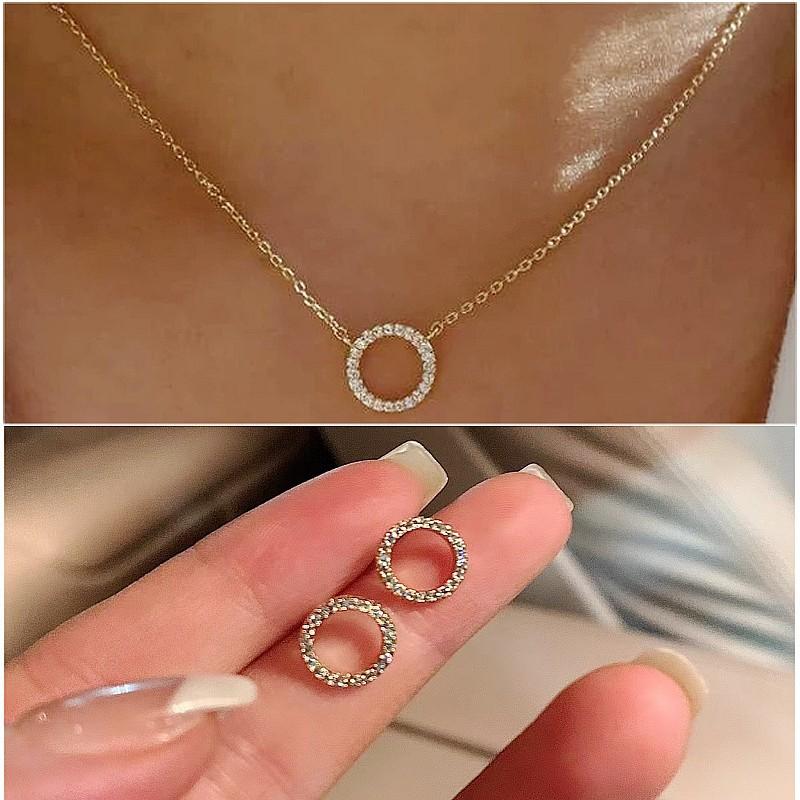 3Pcs/Set Fashion Dazzling Circle Earrings Necklace Set For Women Trendy Korean Crystal Cubic Zirconia Jewelry Sets Party Gifts