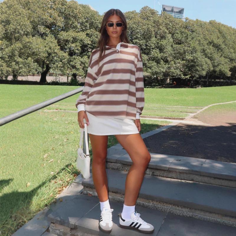 Women S Long Sleeve Striped Polo Shirt Loose Casual Street Style Top