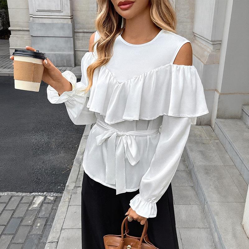 Elegant Off-the-Shoulder Ruffled Satin Blouse with Long Sleeves (Spring/Autumn 2025 Collection)