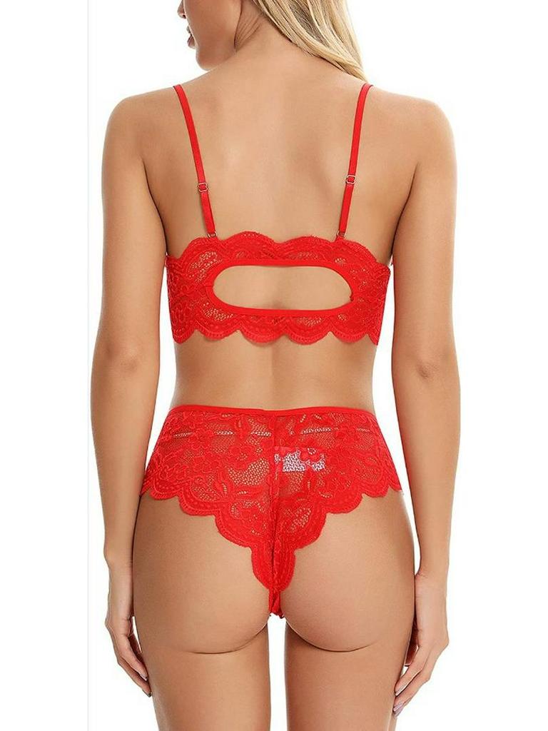 Festive Red Lace Lingerie with White Fur Trim - Camisole One-Piece