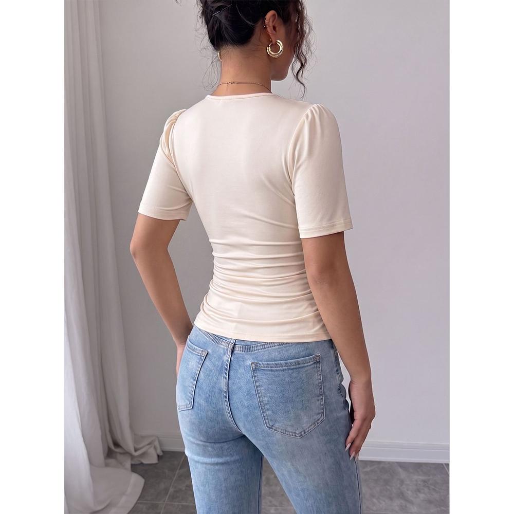 Women's Elegant Pearl Deep V Neck Tops Summer Ruched Short Sleeve Fitted Dressy Casual T Shirts