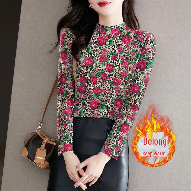 

Women s Ribbed Fleece Floral Base Layer Top - Semi-High Neck, Long Sleeve, Slimming Fit for Autumn & Winter. XL (105-120 lbs)