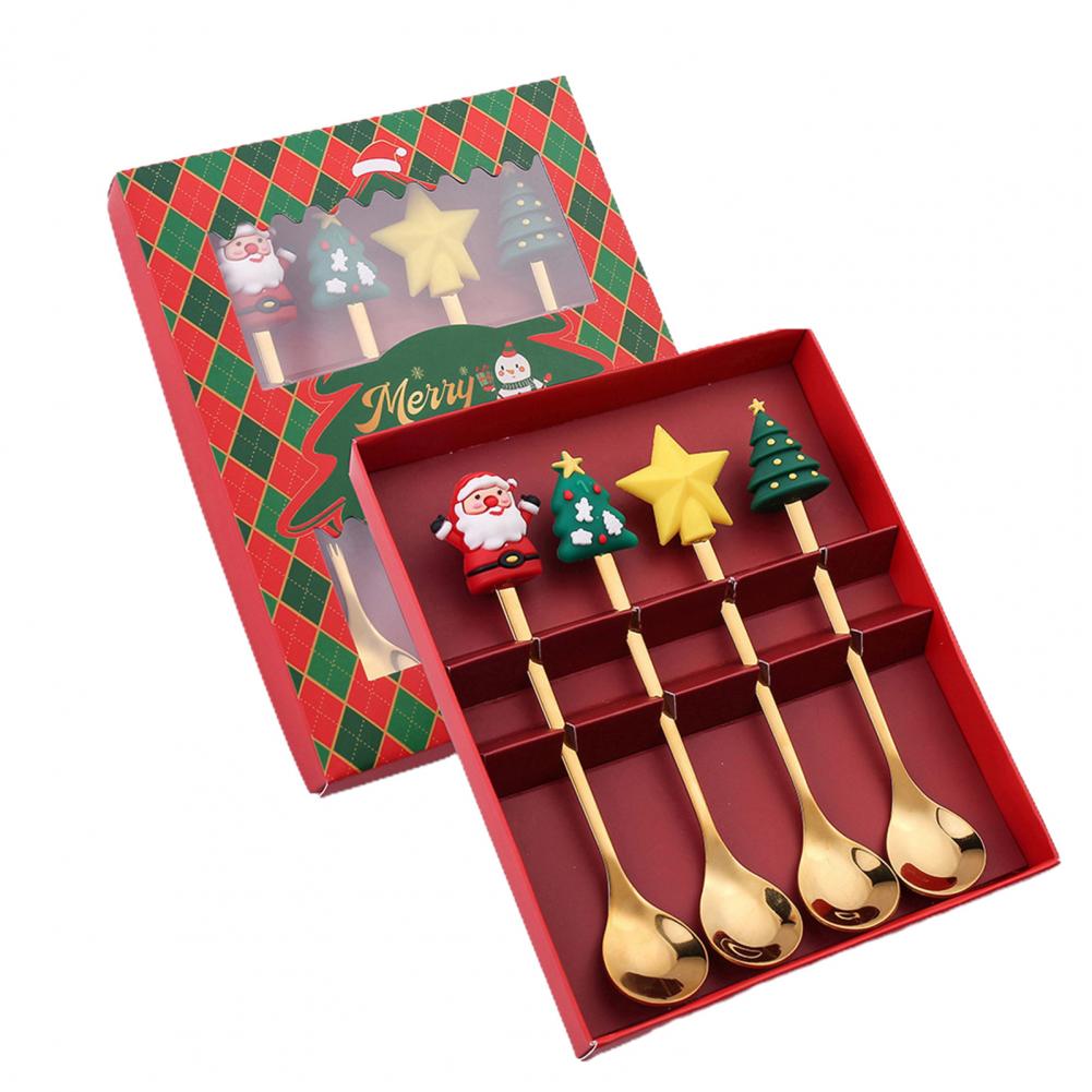 6/4/2PCS Glod Spoon Fork Set Elk Christmas Tree Decor Dessert Scoop Fruit Fork Coffee Spoon Cutlery Set Santa Claus Spoon Fork
