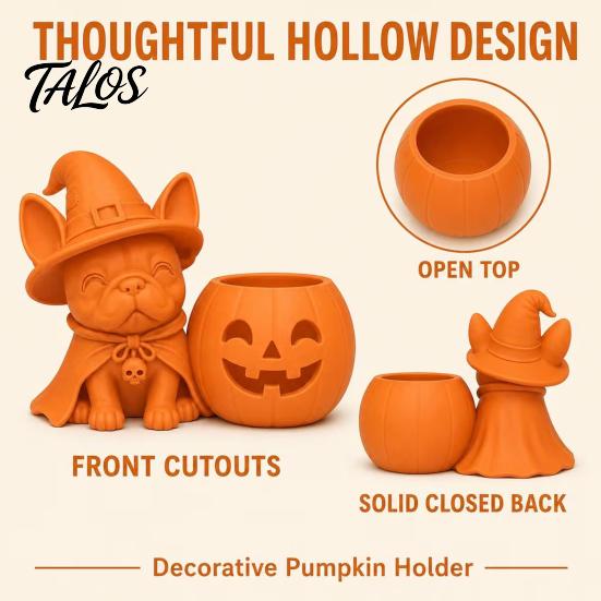 Cute Dog Halloween Gift French Bulldog Witch Statue, 3D Printed Pumpkin Candle Holder, Festive Home Decorations Figurine Tabletop Decor for
