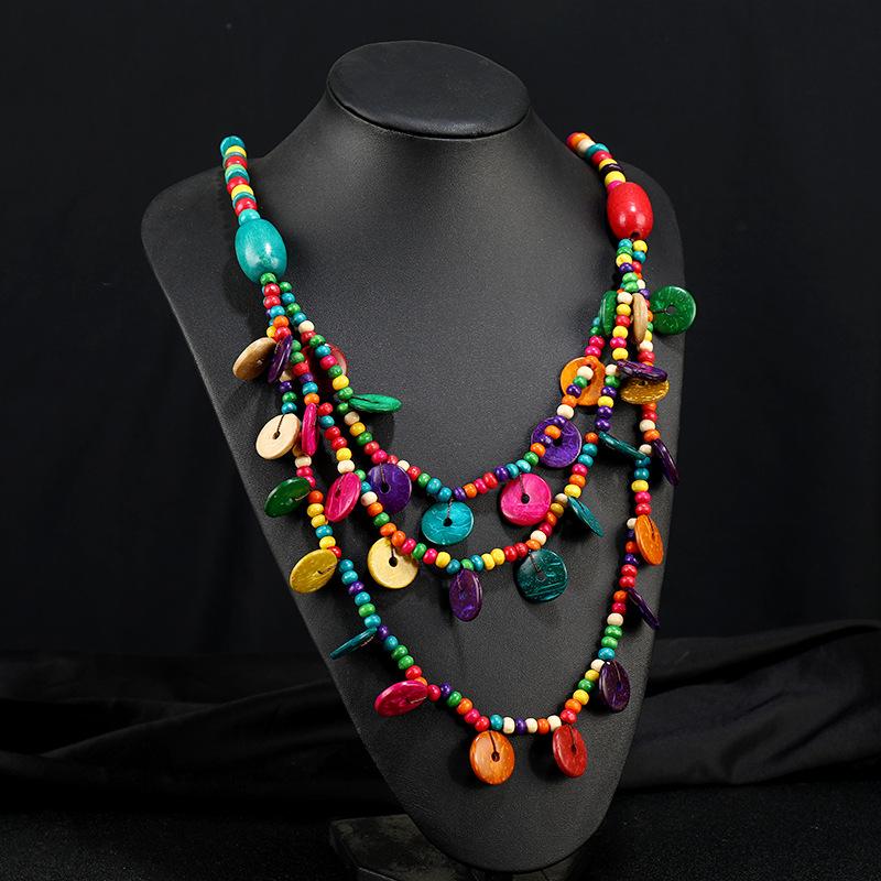 Bohemian Holiday Style Colorful Wood Necklace with European and American Ethnic Style Long Style Exaggerated Personalized Accessories for Women