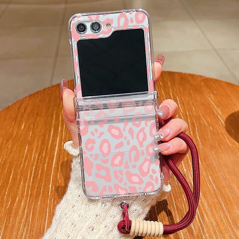 Leopard Print Lanyard Phone Case For Samsung Galaxy Z Flip 7 FE 6 5 4 3 5G Folding Hard PC Clear Cover For Samsung Z Flip7 Flip6