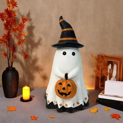 Halloween Ghost Statue Small White Ghost with Pumpkin Figurine Cute Ghost Resin Tabletop Ornament for Indoor Outdoor Halloween Decor