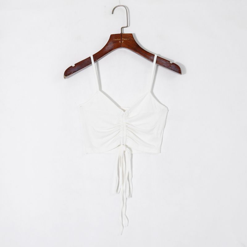 

Летняя женская одежда 2025 года Простой однотонный сексуальный топ-труба с V-образным вырезом, на шнуровке, облегающий, эластичный, удобный ками White M