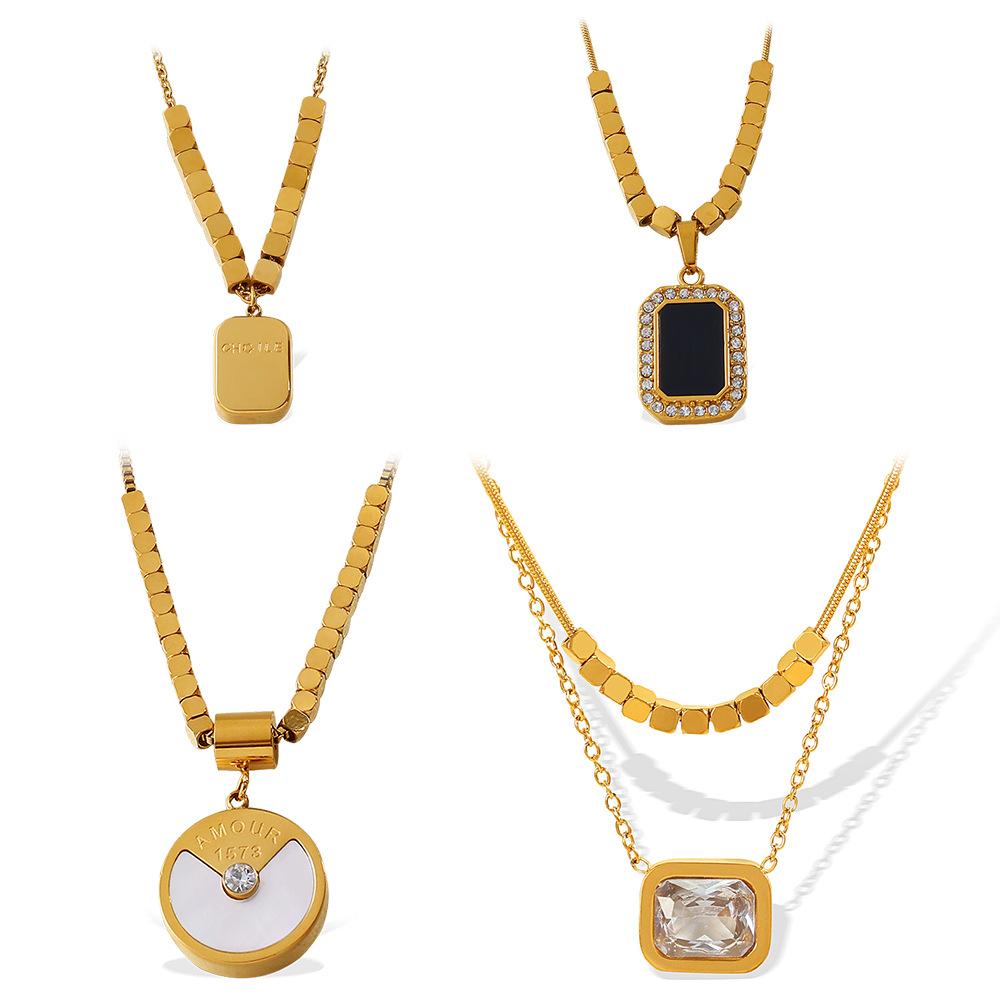 French Retro Sugar Cube Temperament Light Luxury Necklace Stainless Steel Black Square Brand Diamond Pendant Necklace Jewelry Women