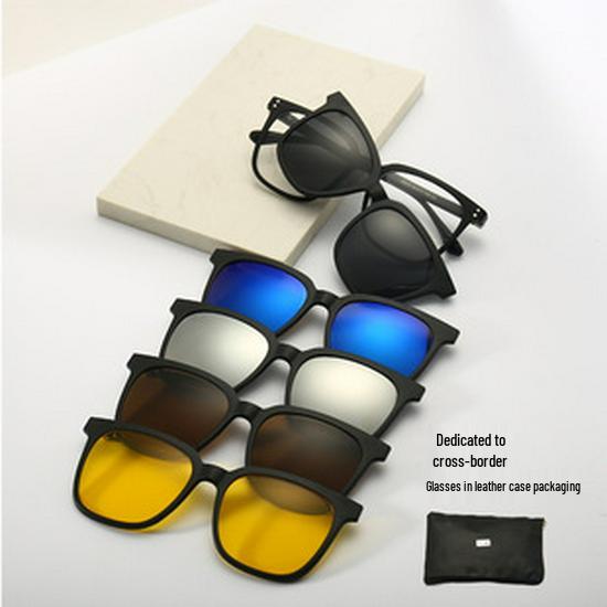 Clip-on Glasses Set: Includes 5 Polarized Lenses, Compatible with Myopia TR90 Retro Magnetic Sunglasses