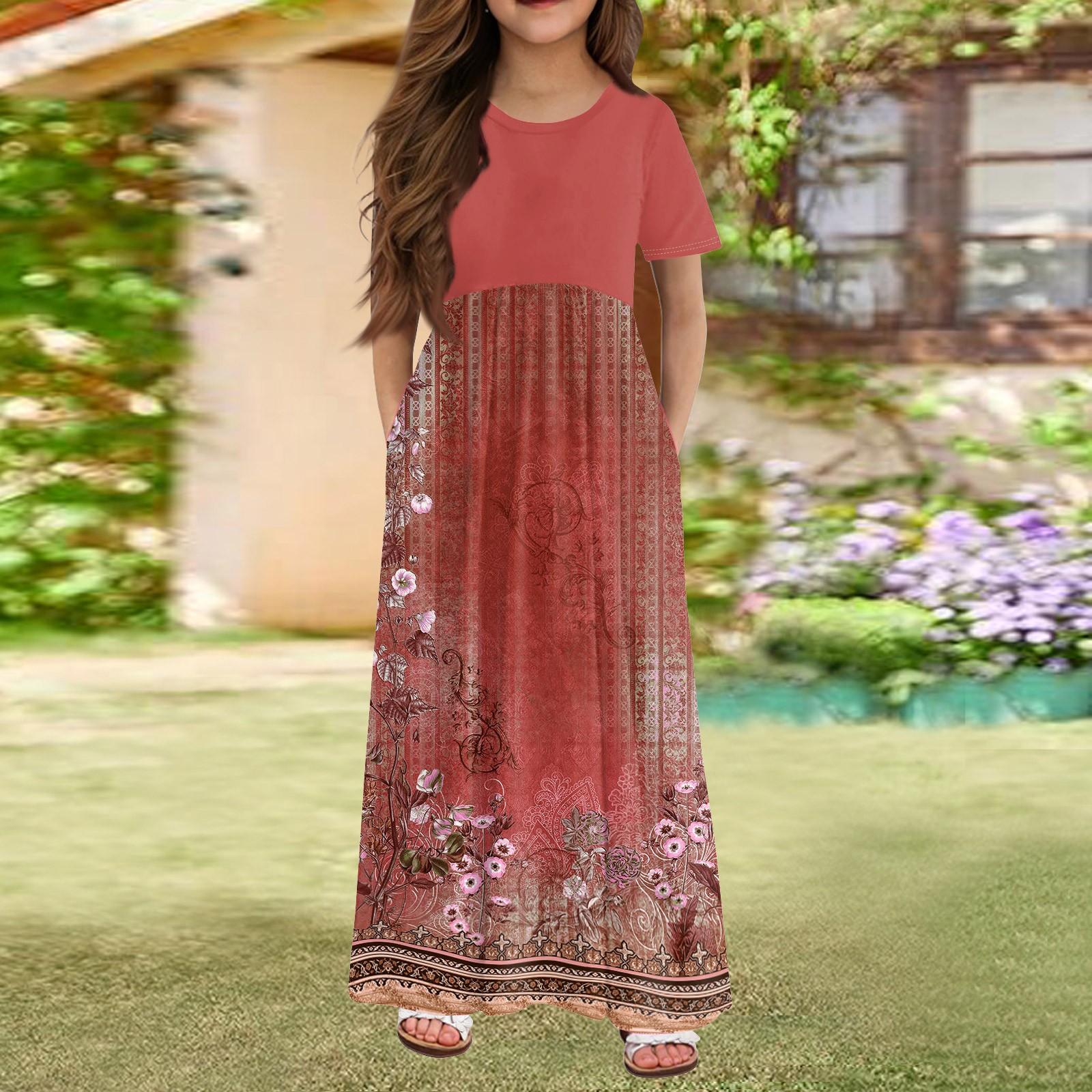 

Длинное летнее платье для девочек - платье макси с короткими рукавами и карманами для детей 4-14 лет 160 винный