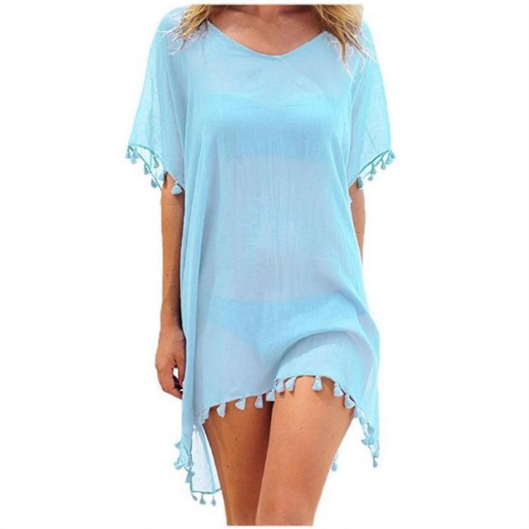 

Women Summer Beach Dress Chiffon Bikini Cover Up Tassels Pareo Loose Mini Swimsuit Tops Solid Swimwear One Size світло-синій колір