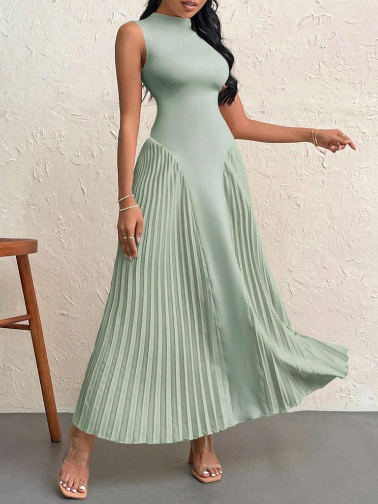 Summer New Style Pleated Patchwork Long Dress Elegant Sleeveless Slim Fit Evening Gown Party Dress