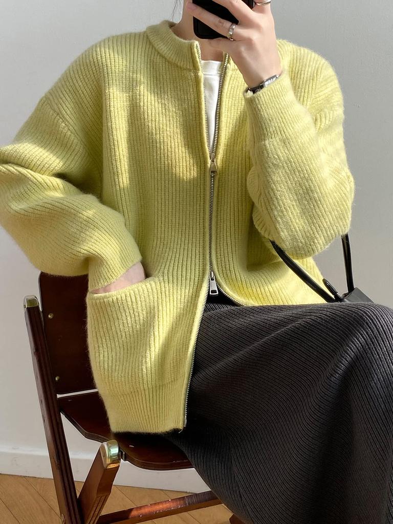 Hanmall Zipper Collarless Knit Sweater with Pockets and Double Front Loose Winter Long Keeps You Warm for Fall and Perfect for Commuting Women's