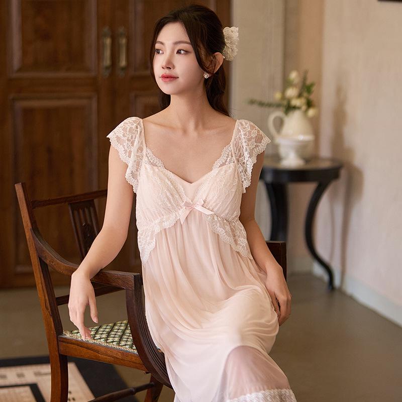 Thin Princess Lace French Strap Nightgown with Chest Pads - Sexy, Sweet, Transparent Modal Dress
