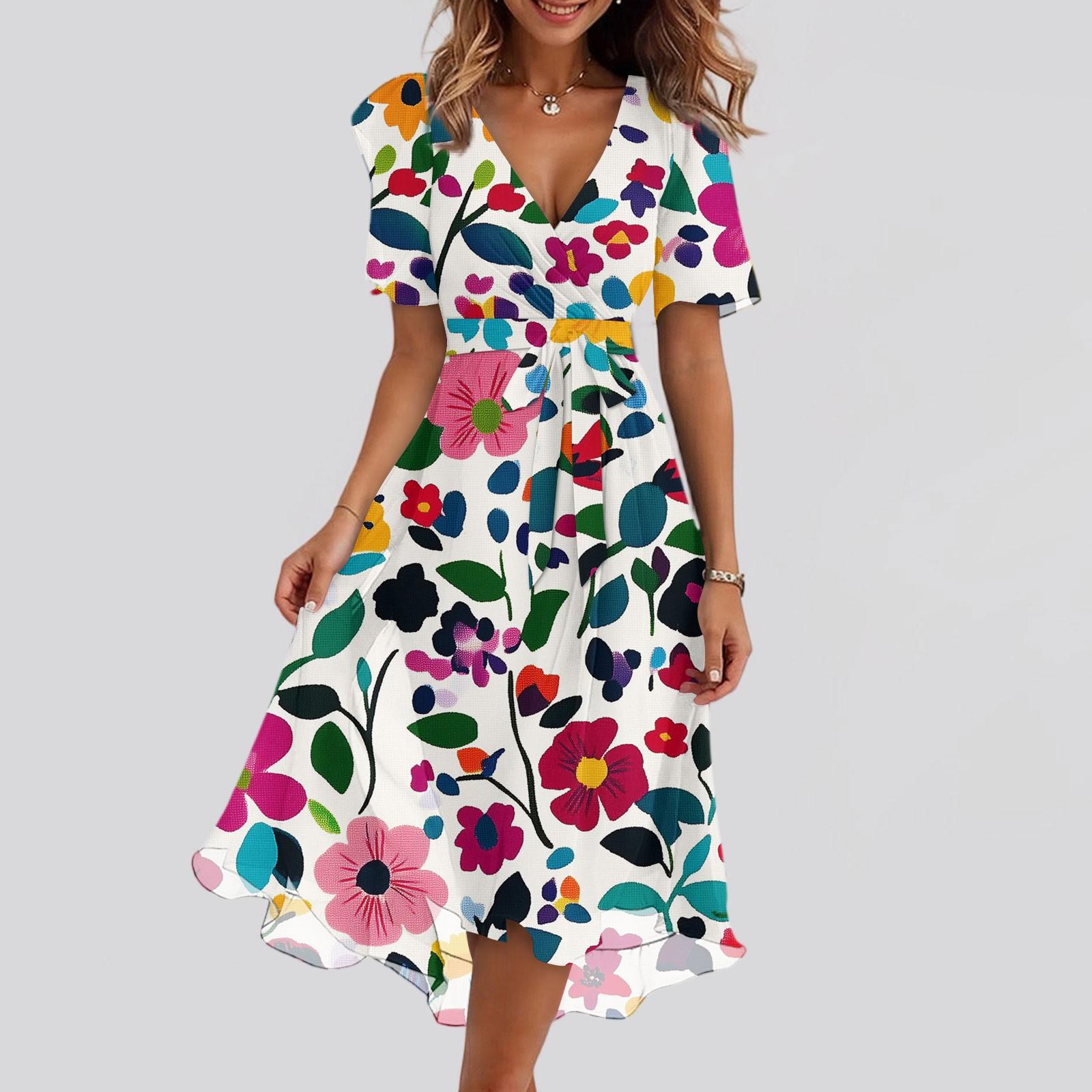 

Женский летний повседневный сарафан миди с цветочным принтом, запахом, V-образным вырезом, оборками, капюшоном, короткими рукавами, поясом, А-силуэта, с оборкой по подолу L