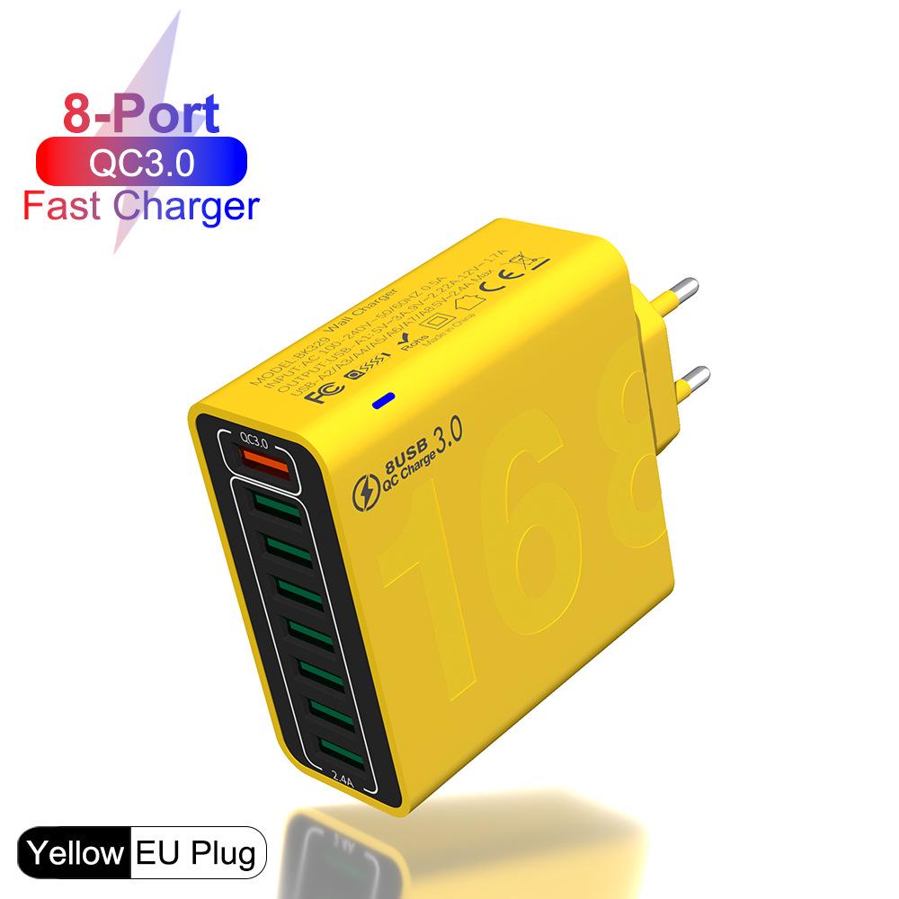 8-Port QC3.0 Fast Charging Travel Charger for Europe, America & Korea - Mobile Phone Charger