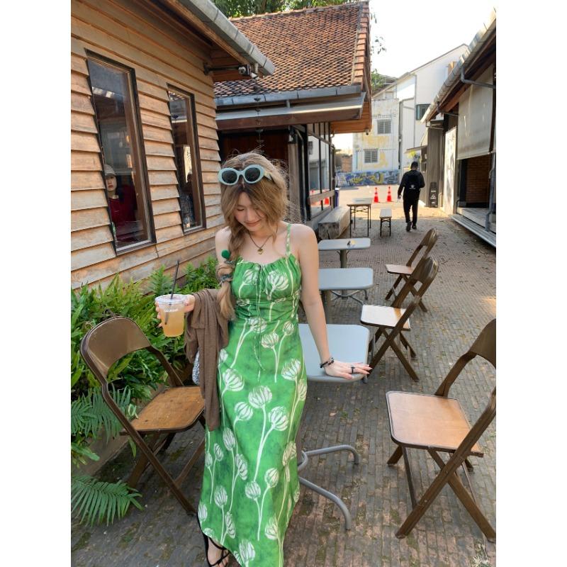 

Женское платье-халтер в пасторальном стиле с цветочным принтом, летнее белое платье для путешествий и праздников M зелёный