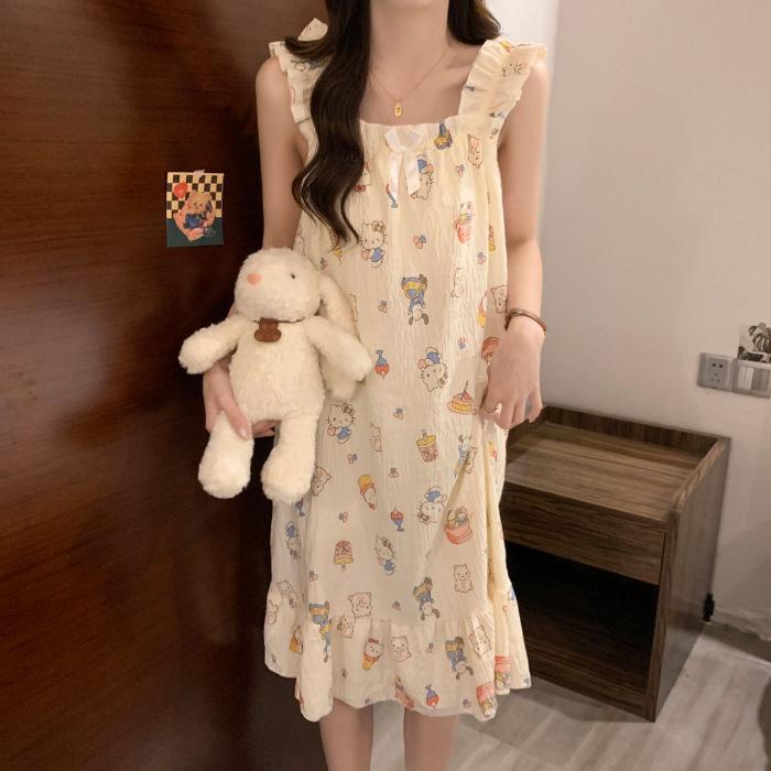 Cloud Cotton Pajamas Girl Summer Sweet Princess Style with Chest Pad Suspender Medium Length Loose Nightdress Loungewear Outside