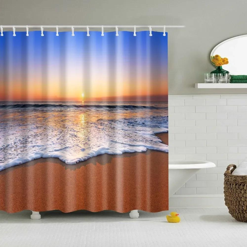 Modern Shower Curtains Bathroom Curtain Scenic City Beach Bath Curtain Frabic Waterproof Polyester With Hooks
