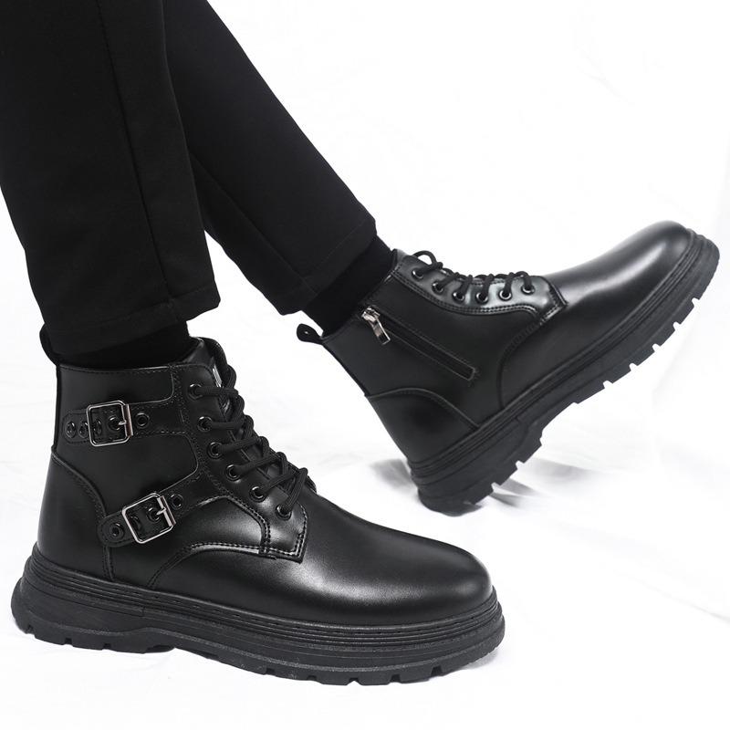 Large Size Black Martin Boots Men's Tooling Boots Outdoor Trendy Shoes Medium Top Leather Boots Men's Autumn Casual