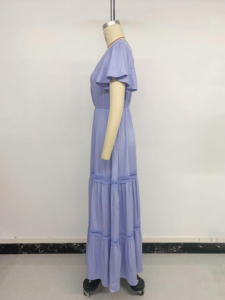 Elegant Ruffle Sleeve V-Neck Lace Patchwork Dress