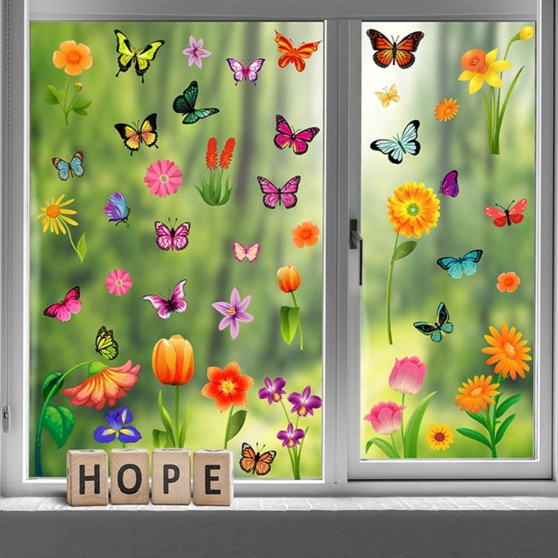 Window Cling Decal Butterfly Flower Pattern Friendly PVC No Residues Easy Application