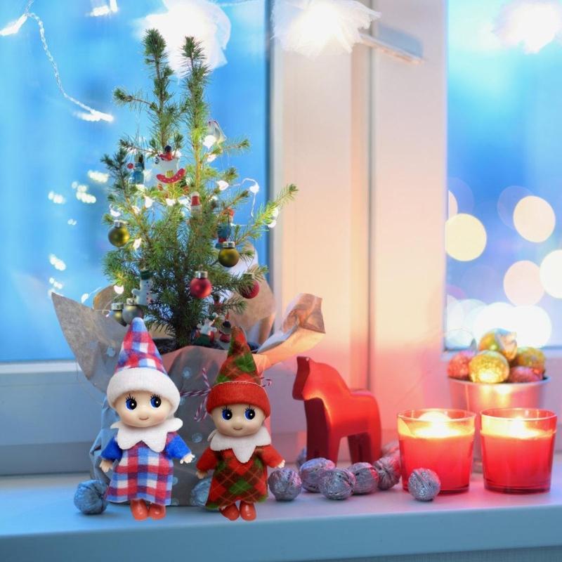 Holiday Baby Elf Miniature Doll with Plaids Accessories For Home Office Christmas Decors Festives Desktop Shelf Display