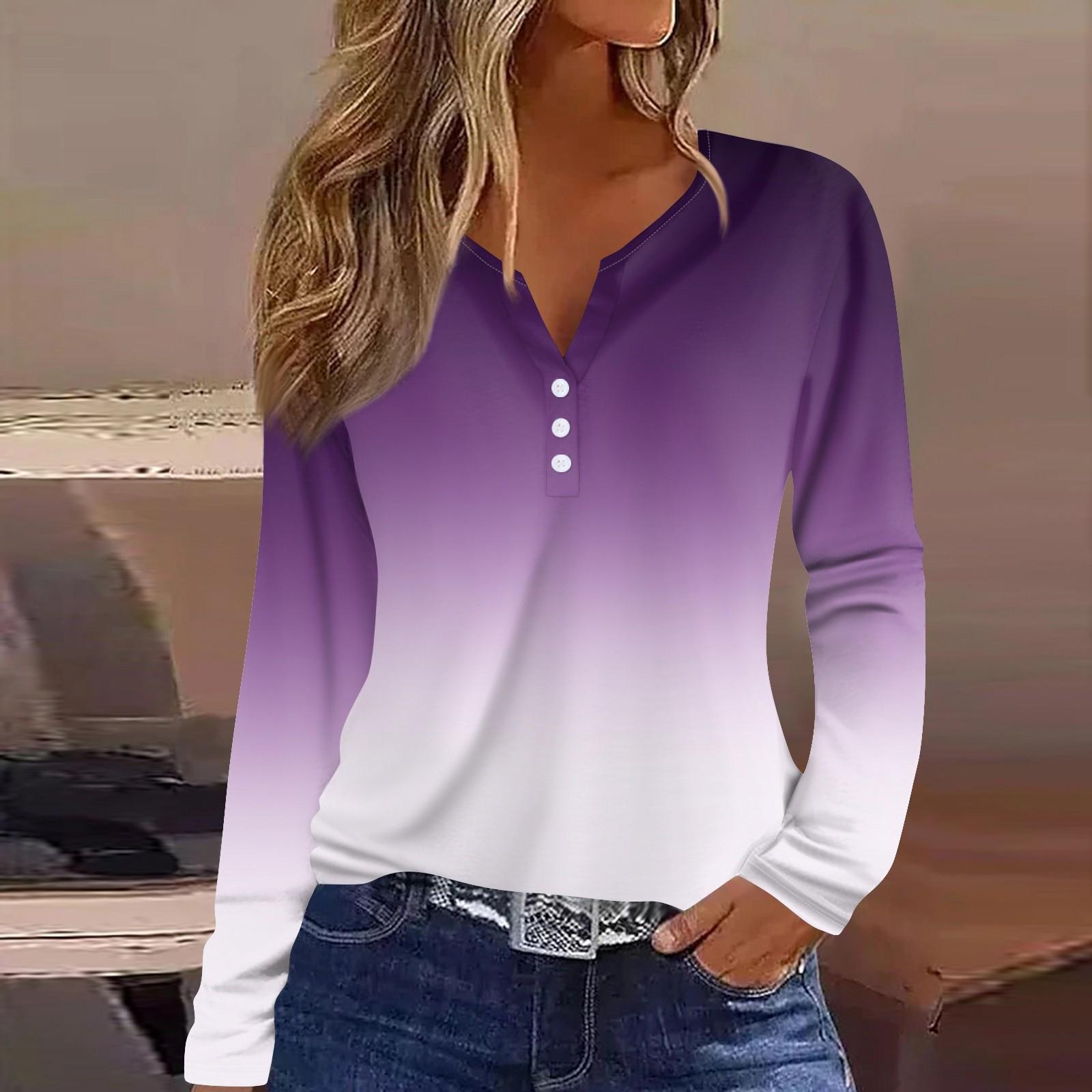 

Жіноча футболка з довгим рукавом і довгим рукавом, щоденна мода на вихідні, базовий V-подібний виріз, звичайний топ M фіолетовий