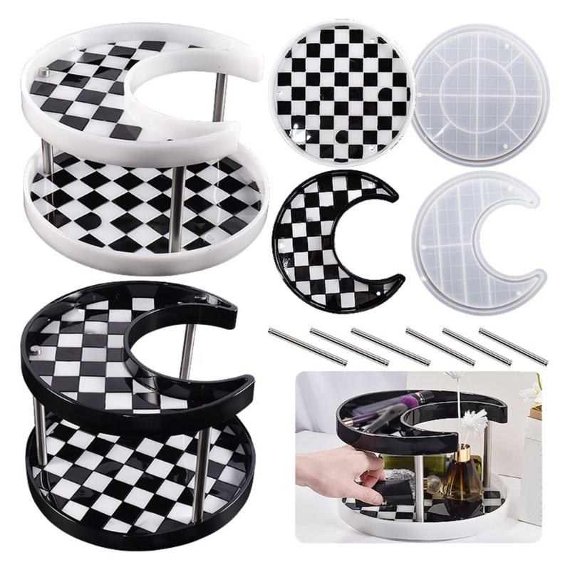 2 Tier Resin Tray Molds Round/Moon Epoxy Resin Casting Mold for DIY Makeup Tools Trinkets Jewelry Storage Box Making