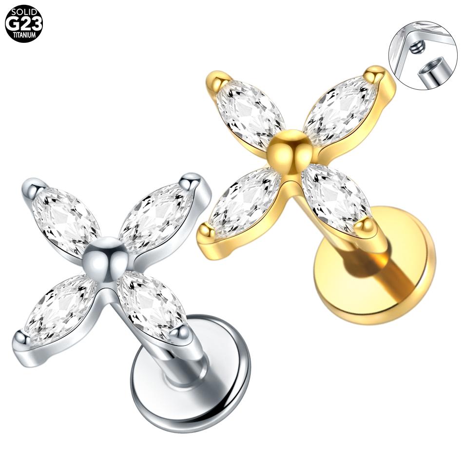 1PC G23 Titanium 16G Marquise Lotus CZ Flower Flat Back Stud Labret Tragus Helix Cartilage Conch Earring Piercings Sexy Jewelry